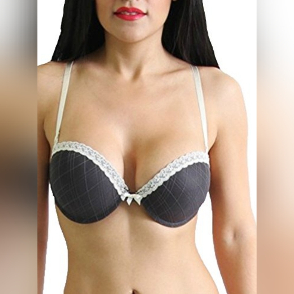Biatta Charcoal Gray & Ivory Lace Push Up Padded Under Wire Bra - Never Worn